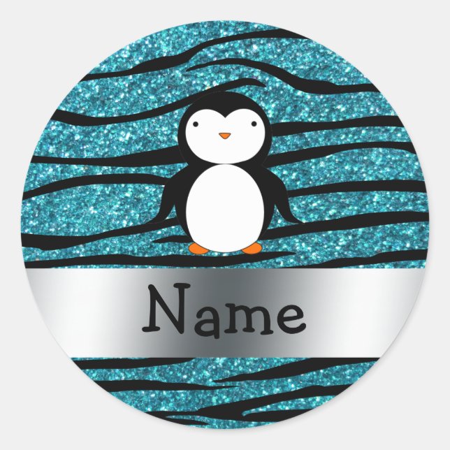 Personalised name penguin turquoise glitter zebra classic round sticker (Front)