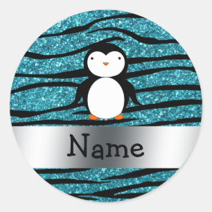 Personalised name penguin turquoise glitter zebra classic round sticker