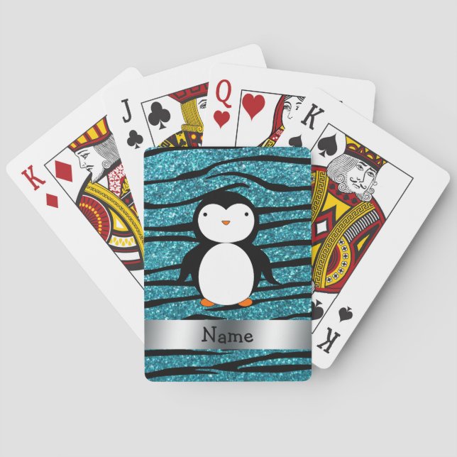 Personalised name penguin turquoise glitter zebra playing cards (Back)