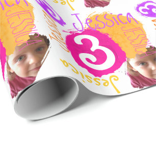 Personalised name photo 3th birthday paint wrap wrapping paper