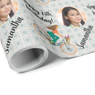 Personalised Name Photo Age Girl on Pedal Bike Wrapping Paper