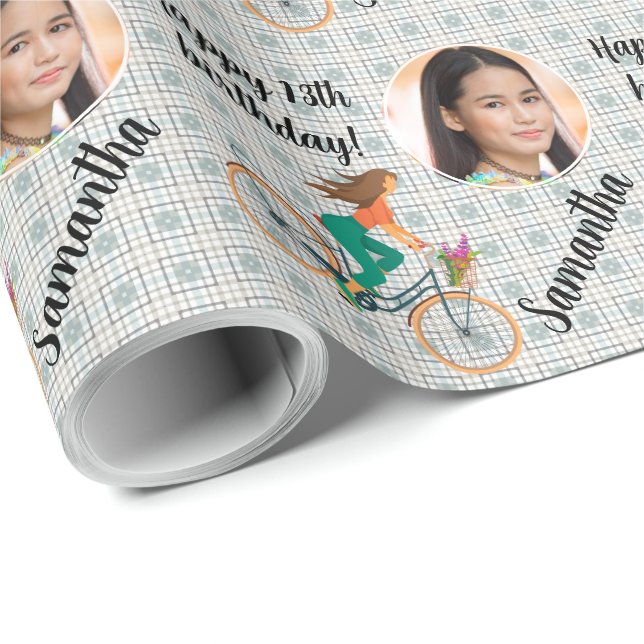Personalised Name Photo Age Girl on Pedal Bike Wrapping Paper (Roll Corner)