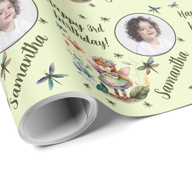 Personalised Name Photo Age Magical Fairy Birthday Wrapping Paper (Roll Corner)