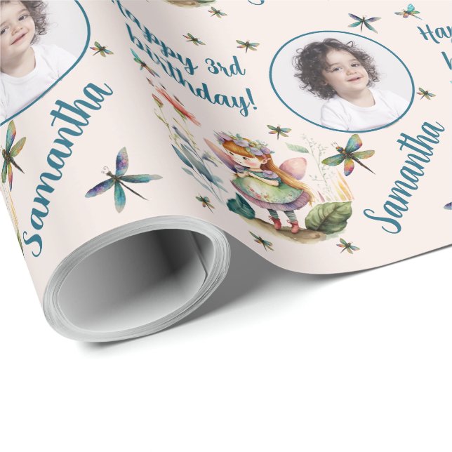Personalised Name Photo Age Magical Fairy Birthday Wrapping Paper (Roll Corner)