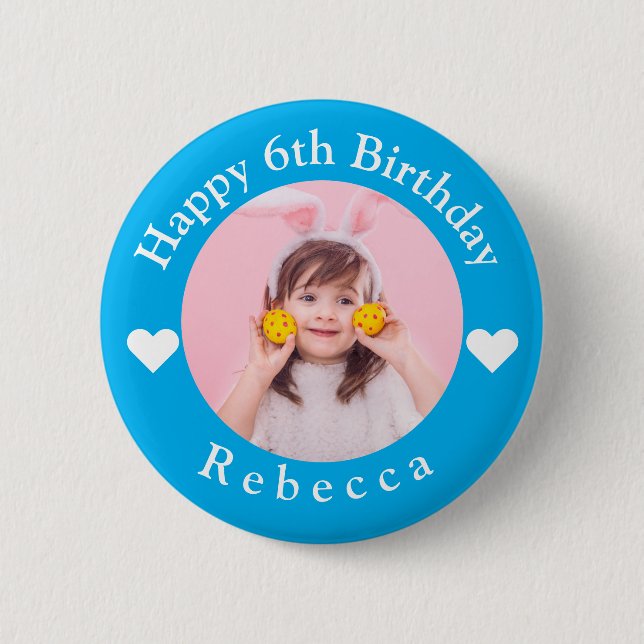 Personalised Name, Photo And Age Birthday Blue 6 Cm Round Badge (Front)