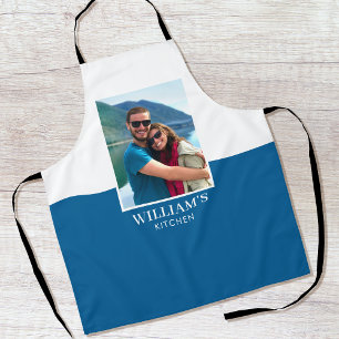 Personalised Name Photo Blue White Modern Apron