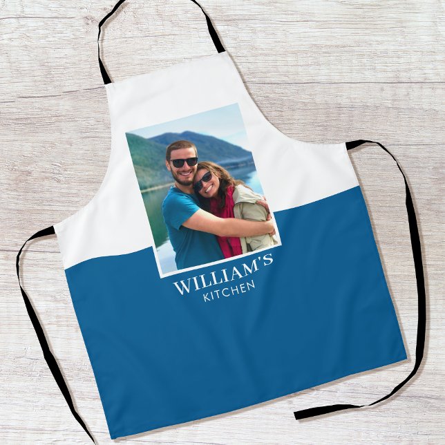 Personalised Name Photo Blue White Modern Apron (Creator Uploaded)