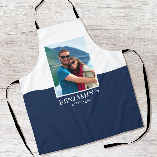 Personalised Name Photo Dark Blue Modern Apron (Creator Uploaded)