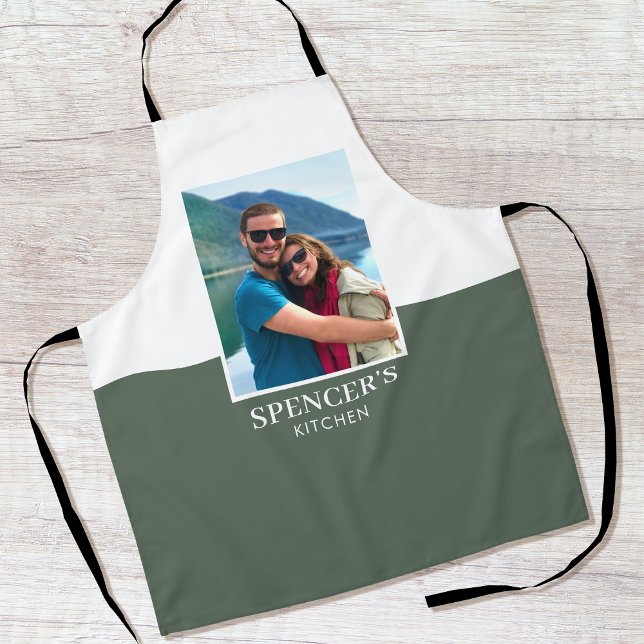 Personalised Name Photo Grey Green Modern Apron (Creator Uploaded)
