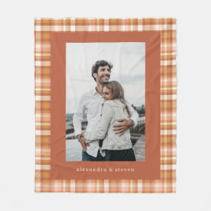 Personalised Name Photo Warm Earthy Gingham Plaid  Fleece Blanket
