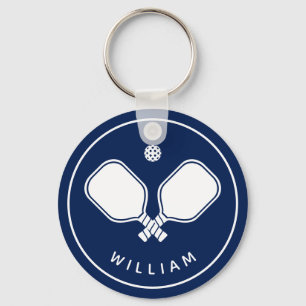 Personalised Name Pickleball Navy Blue & White Key Ring