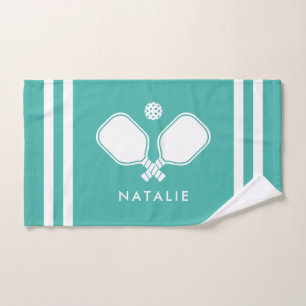 Personalised Name Pickleball Turquoise Blue Stripe Hand Towel
