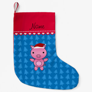 Personalised name pig blue christmas trees small christmas stocking