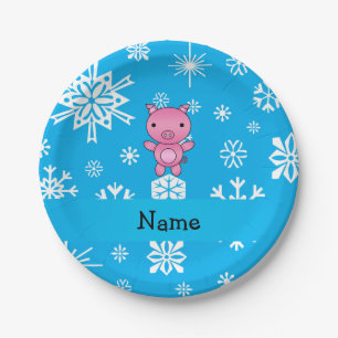 Personalised name pig blue snowflakes paper plate