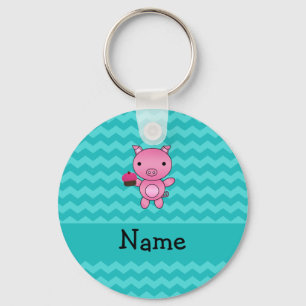 Personalised name pig cupcake turquoise chevrons key ring