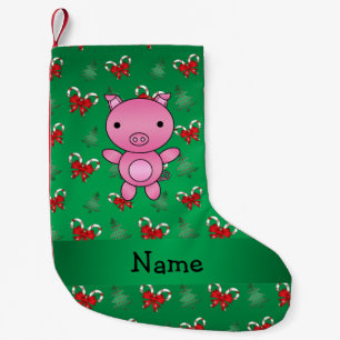 Personalised name pig green candy canes bows small christmas stocking