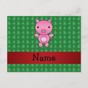 Personalised name pig green christmas trees holiday postcard