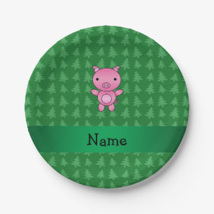 Personalised name pig green christmas trees paper plate