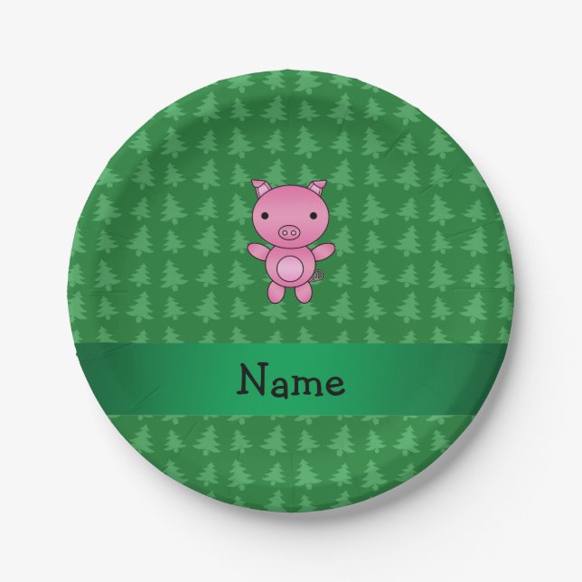 Personalised name pig green christmas trees paper plate (Front)
