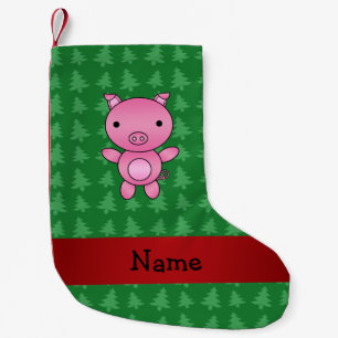 Personalised name pig green christmas trees small christmas stocking