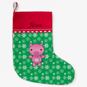 Personalised name pig green snowflakes small christmas stocking