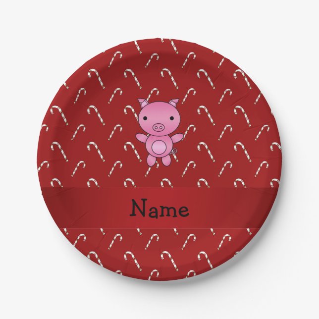 Personalised name pig red candy canes paper plate (Front)