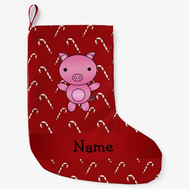 Personalised name pig red candy canes small christmas stocking (Front)