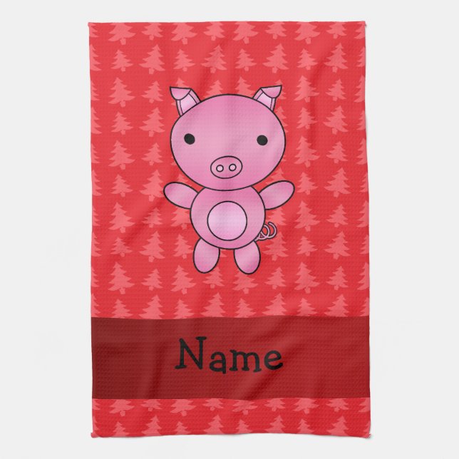 Personalised name pig red christmas trees tea towel (Vertical)