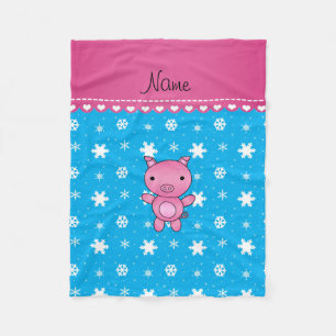Personalised name pig sky blue snowflakes fleece blanket