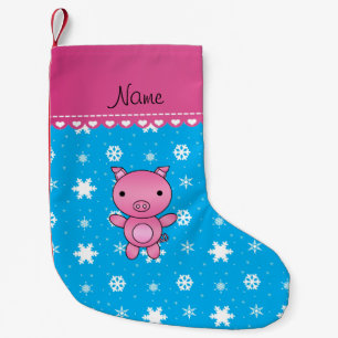 Personalised name pig sky blue snowflakes small christmas stocking