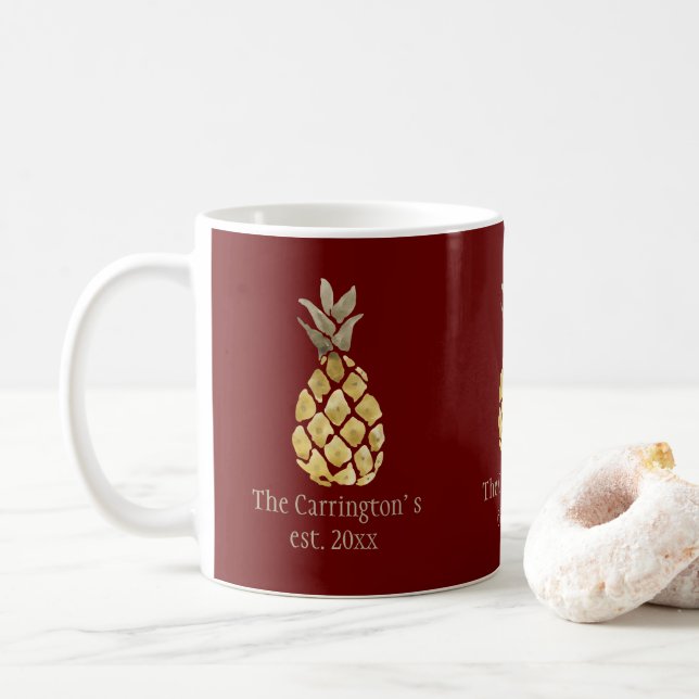 Personalised Name Pineapple Rustic Red Coffee Mug (With Donut)