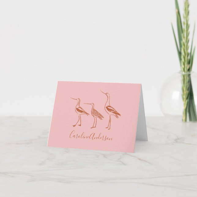 Personalised Name Pink Bird Art Illustration Boho Note Card (Front)