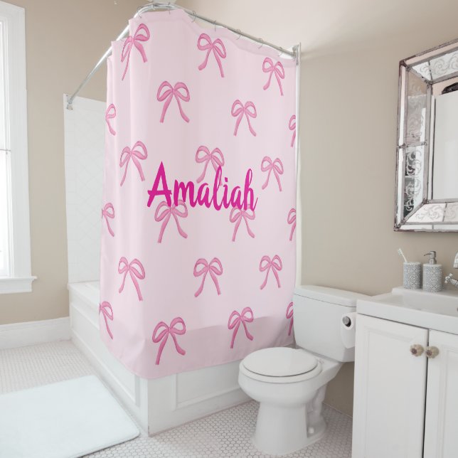 Personalised Name Pink Bow Coquette Shower Curtain (In Situ)