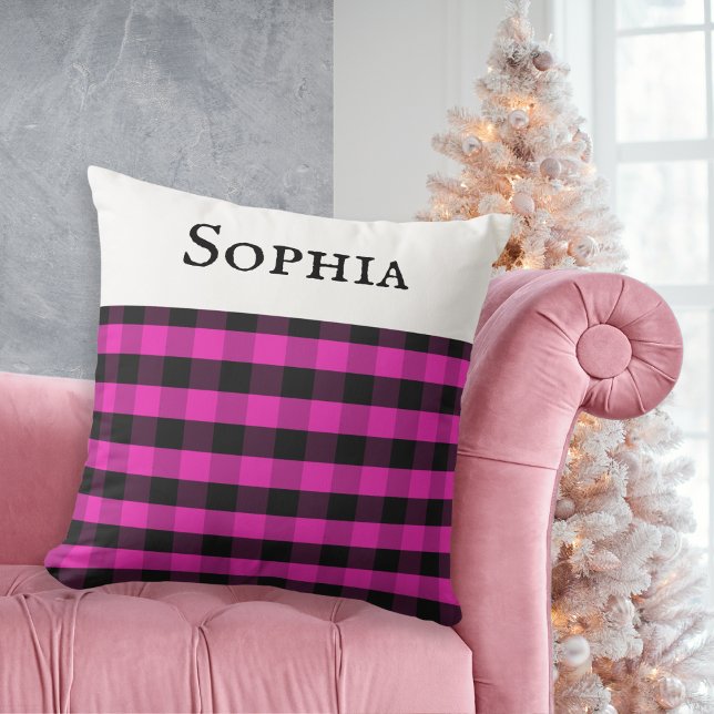 Personalised Name Pink Buffalo Plaid Check Pattern Cushion (A cushion with buffalo plaid check pattern, in pink and black. Personalize with a name at the top.)