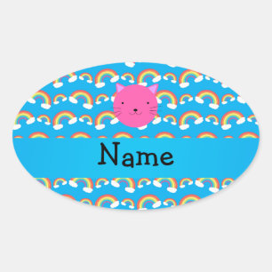 Personalised name pink cat face blue rainbows patt oval sticker