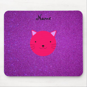 Personalised name pink cat face purple glitter mouse pad