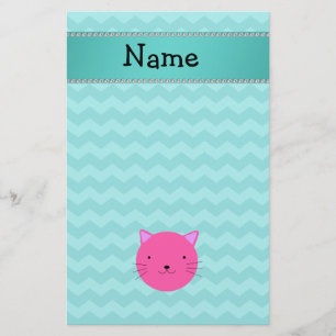 Personalised name pink cat face turquoise chevrons stationery