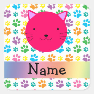 Personalised name pink cat rainbow paws square sticker