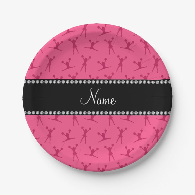 Personalised name pink cheerleader pattern paper plate (Front)