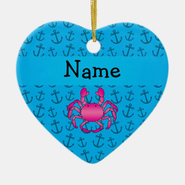 Personalised name pink crab blue anchors pattern ceramic ornament (Front)