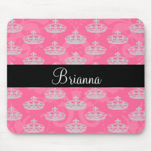 Personalised Name Pink Damask Diamond Crown Mouse Pad