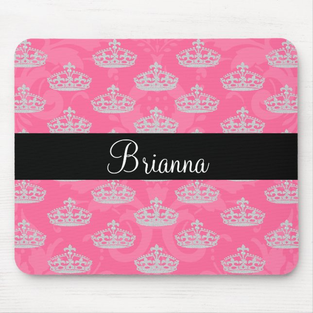 Personalised Name Pink Damask Diamond Crown Mouse Pad (Front)