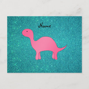 Personalised name Pink dinosaur turquoise glitter Postcard