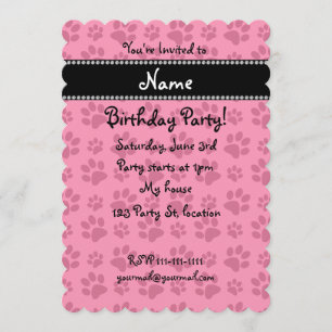 Personalised name pink dog paw prints invitation