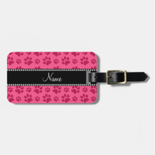 Personalised name pink dog paw prints luggage tag