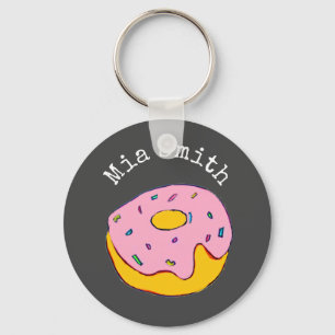 Personalised name pink doughnut cute on grey key ring
