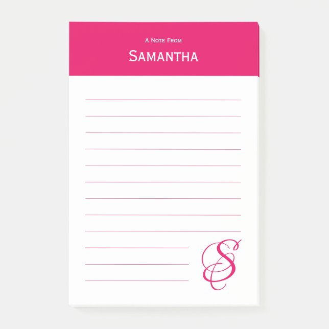 Personalised Name Pink Elegant Monogram Lined Post-it Notes (Front)