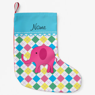 Personalised name pink elephant colourful argyle small christmas stocking