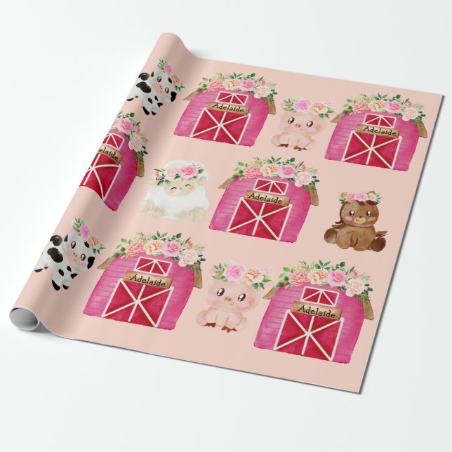Personalised Name Pink Farm/ Floral Barn Gift Wrap (Unrolled)