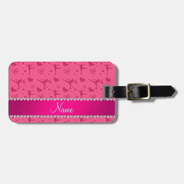 Personalised name pink figure skating luggage tag (Front Horizontal)